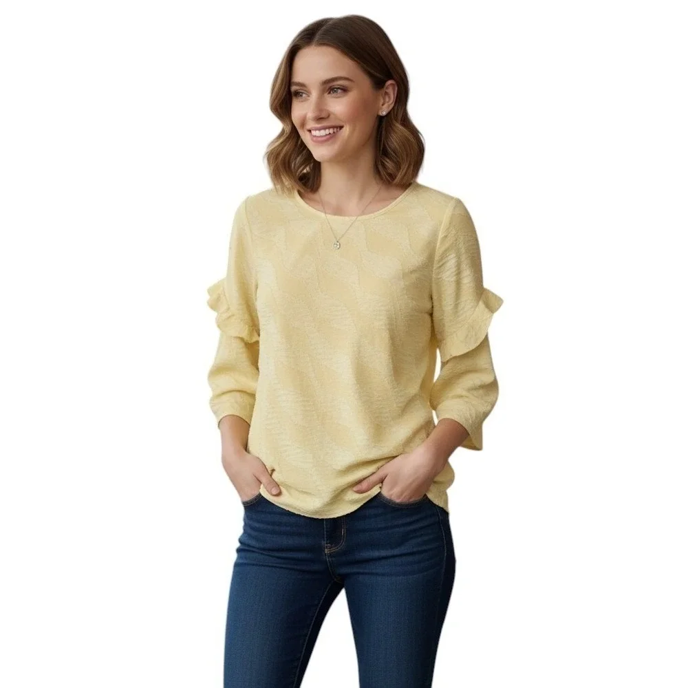 Chicos‎ Textured Ruffle Sleeve Top Small Blouse Yellow Romantic Feminine Casual - Picture 6 of 7